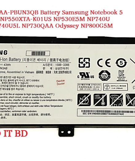 AA-PBUN3AB AA-PBUN3QB Compatible Laptop Battery Samsung Notebook 5 NP550XTA-K0 NP550XTA-K01US NP530E5M NP740U NP740U3L NP740U5L NP730QAA Odyssey NP800G5M Series 11.4V 43Wh