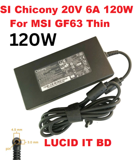 MSI Chicony 20V 6A 120W Charger For MSI GF63 Thin 11UCX-1424US A17-120p2a a120a055p