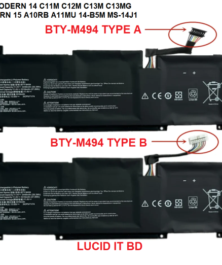 BTY-M494 MSI MODERN 14 C11M C12M C12MO C13M C13MG / MODERN 15 A10RB A11MU 14-B5M MS-14J1 Series - LUCID Computers