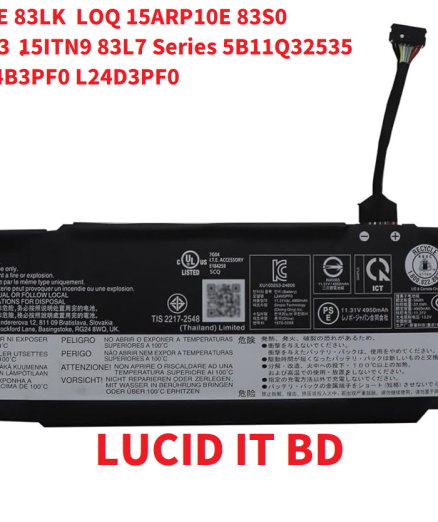 L24M3PF0 Battery 57.5Wh 5085mAh Replacement for Lenovo LOQ 15IAX9E 83LK / LOQ 15ARP10E 83S0 / IdeaPad Slim 3-14ITN9 83L6 3-15ITN9 83L7 Series 5B11Q32535 L24B3PF0 L24D3PF0 11.31V 3-Cell